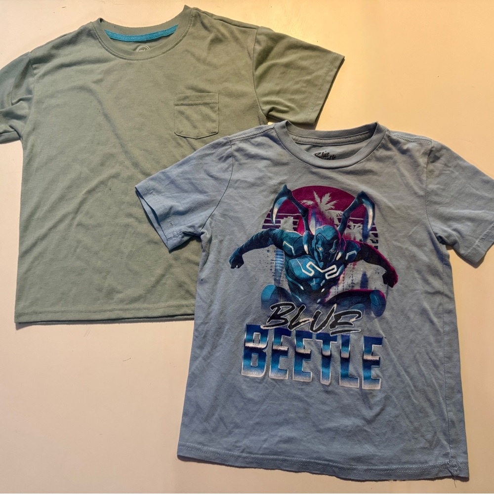 2 Pack Tees - Blue Beetle Graphic Tee & Green Pocket Tee - Kids Shirts 6/7